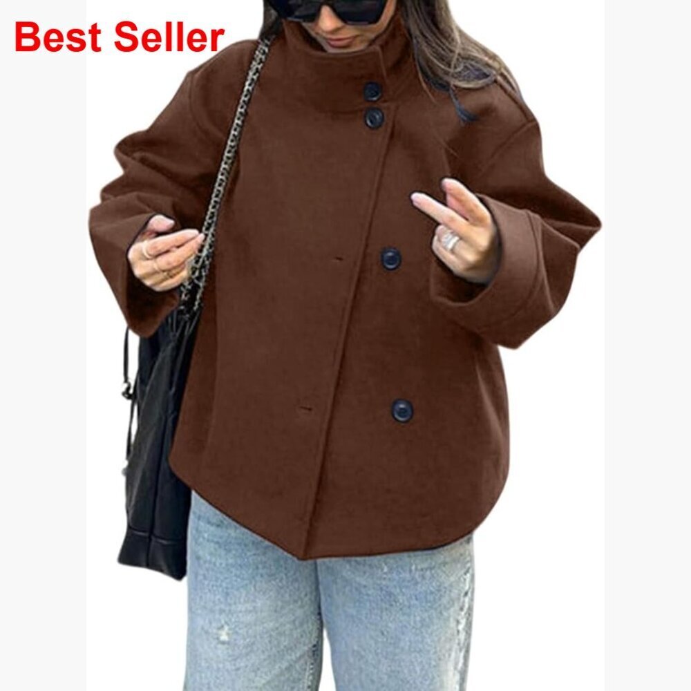 Wool Blend Crop Pea Coat Loose Fit Short Jacket Winter Outwear